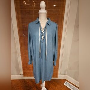 Style & co Woman's 1X Shirt Dress Blue Chambray Roll Tab Sleeve Lace-Up V-neck